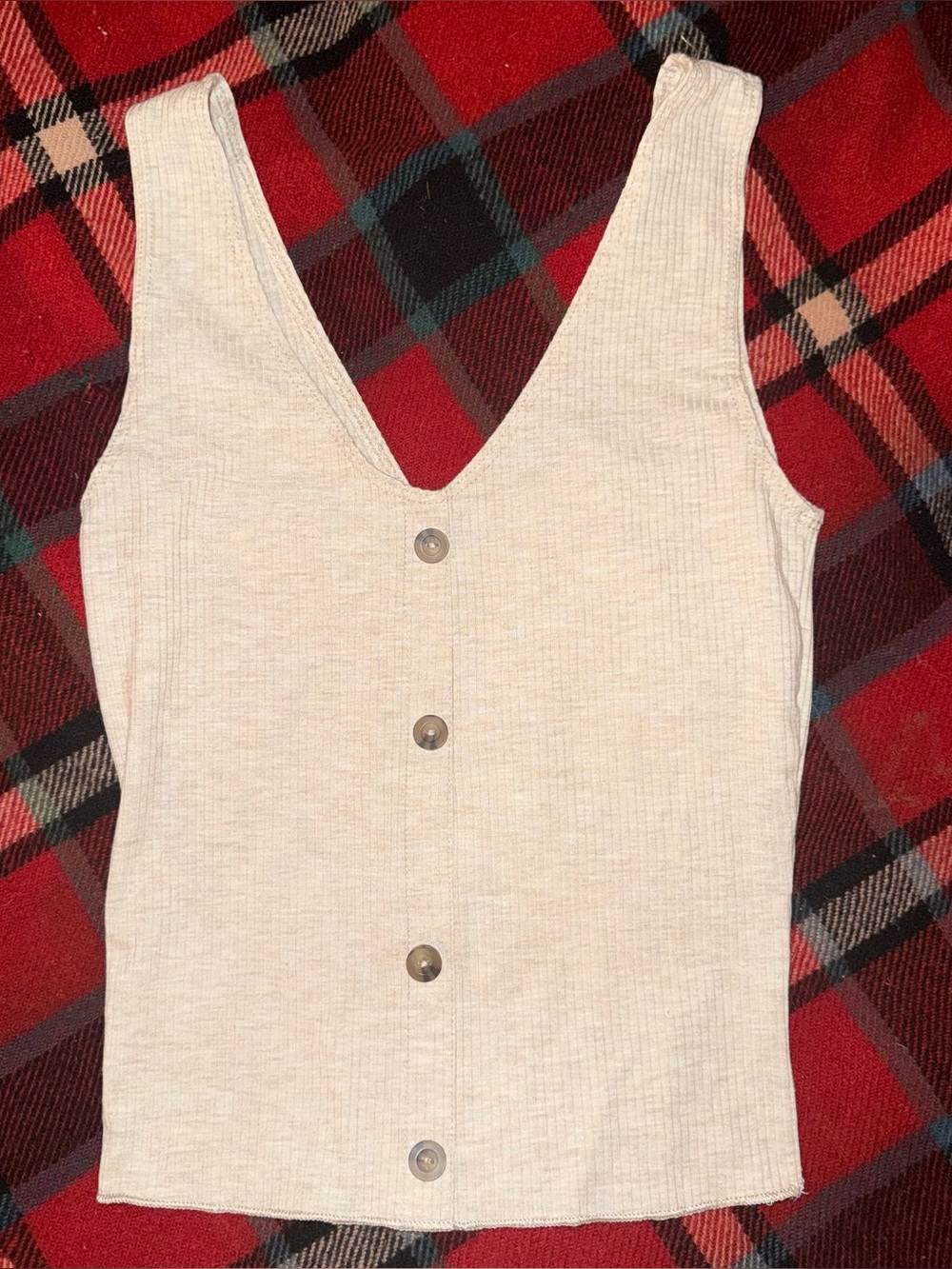 Caution To The Wind Cream Ribbed V-Neck Button Tank